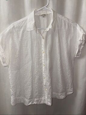 Lucky Brand White Button-Down Short Sleeve Shirt with Subtle Stripe